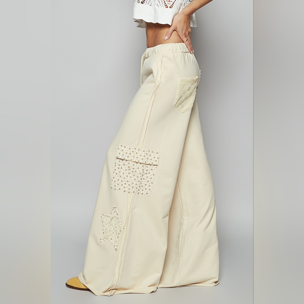POL TERRY WIDE-LEG STAR PATCHWORK PANTS - Picture 2 of 4